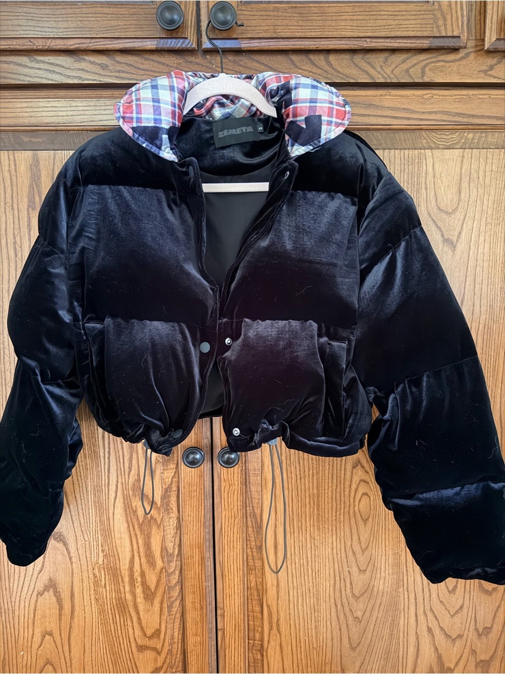 Velvet Puffer Jacket with Plaid Hood - Black